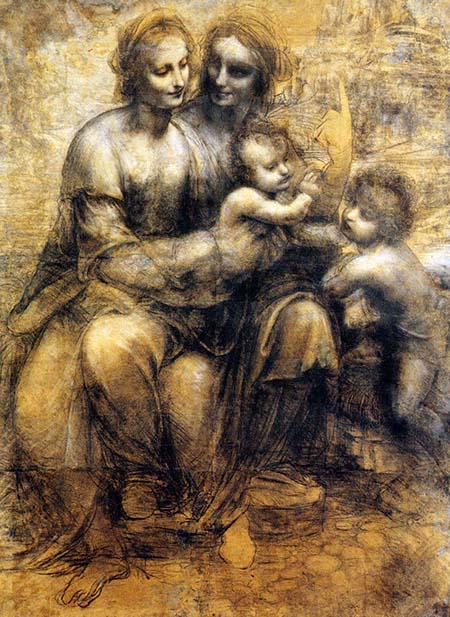 Леонардо да Винчи. Святая Анна и Мария с младенцем Христом и Иоанном Крестителем.